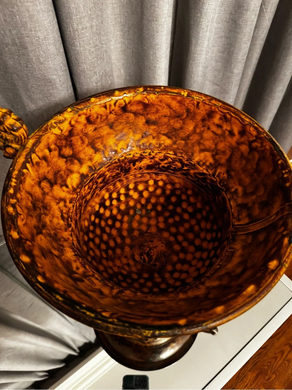 Decorative Amber Gold heavy metal Trophy Vase with Ornate Handles.